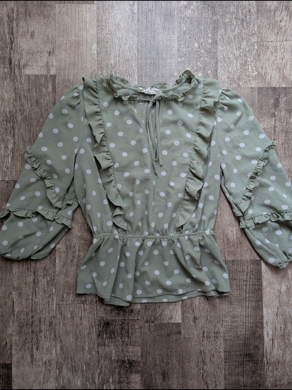 Sweet Wanderer Sage Green Polka Dot Ruffle Peplum Blouse